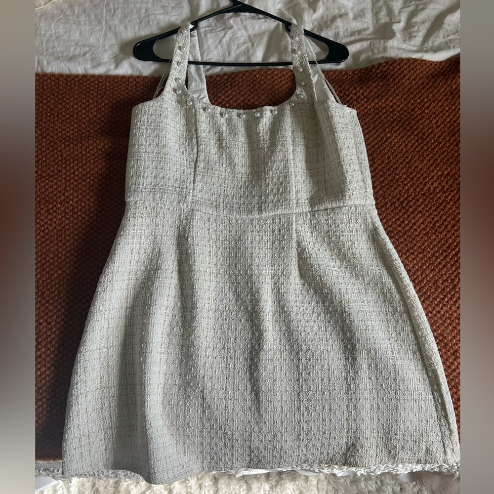 Cream Tweed & Pearl Sleeveless Dress